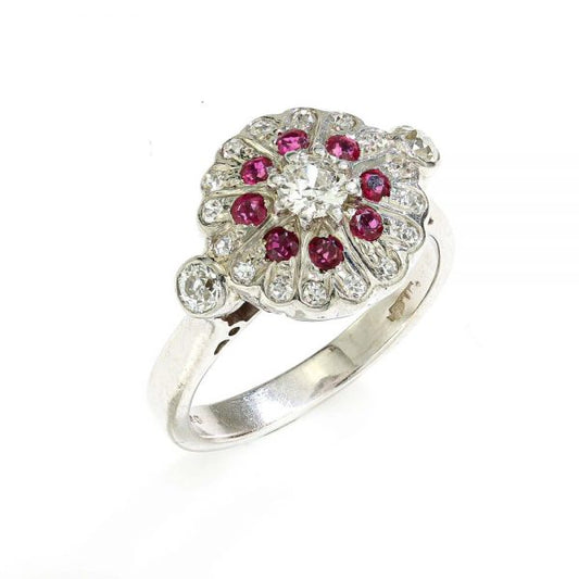 Vintage Ruby and Diamond Cluster Dress Ring in 18ct White Gold
