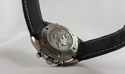 Omega Seamaster Planet Ocean 45mm Auto Chronograph, steel case, black dial, rubber strap, with Omega box.