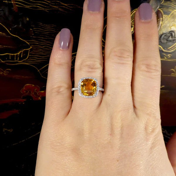 3.80ct Cushion Cut Citrine and Diamond Halo Cluster Engagement Ring
