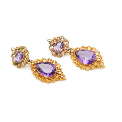 Antique Ornate Amethyst and 18ct Gold Drop Earrings