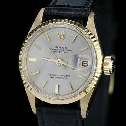 Vintage Rolex Ladies Datejust 18ct Yellow Gold Automatic Watch with Rare Silver Dial, Ref 6517-8, on original Rolex leather strap, Circa 1969