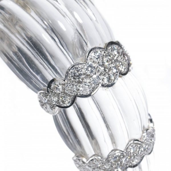 Contemporary Carved Rock Crystal and Diamond Cuff Bangle Bracelet, 7.00 carat total, in 18ct White Gold