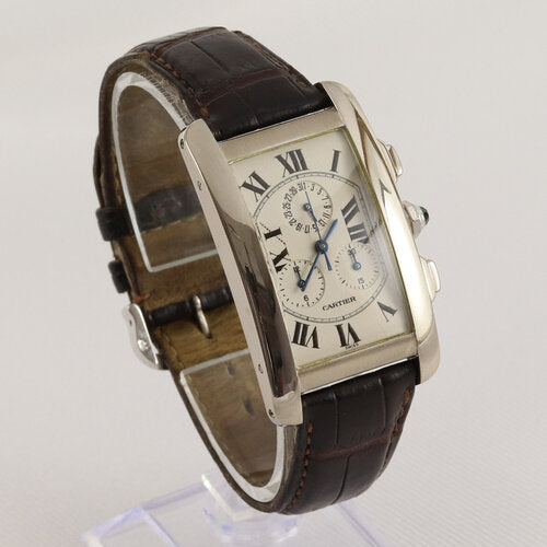 Cartier Tank Americaine Gents 18ct White Gold 2312 Chronograph, white dial, Roman numerals, sapphire crystal, Quartz movement, brown leather strap, with Cartier box