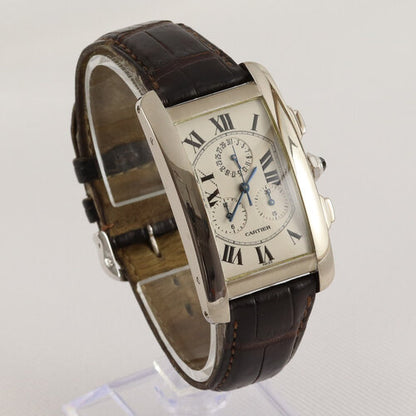 Cartier Tank Americaine Gents 18ct White Gold 2312 Chronograph, white dial, Roman numerals, sapphire crystal, Quartz movement, brown leather strap, with Cartier box