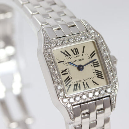 Cartier Ladies Santos Demoiselle Diamond 18ct White Gold, factory set diamond bezel, off-white/silver dial, Roman numerals, blue steel hands, sapphire crystal, movement, 18ct white gold bracelet with a double-fold hidden 18ct white gold clasp, with Cartier Box and Cartier service papers dated 2018