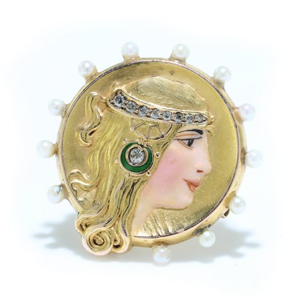 Art Nouveau Gold and Enamel Brooch with Diamonds and Natural Pearls