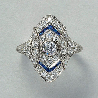 Art Deco Old Cut Diamond and Sapphire Navette Cluster Ring in Platinum