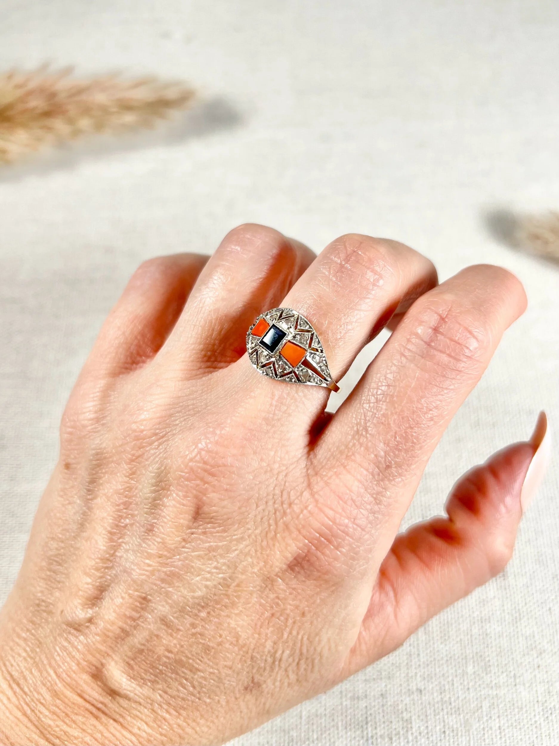 Antique 1920's Art Deco, 18 ct Gold And Platinum Sapphire, Coral And Diamond Dome Ring