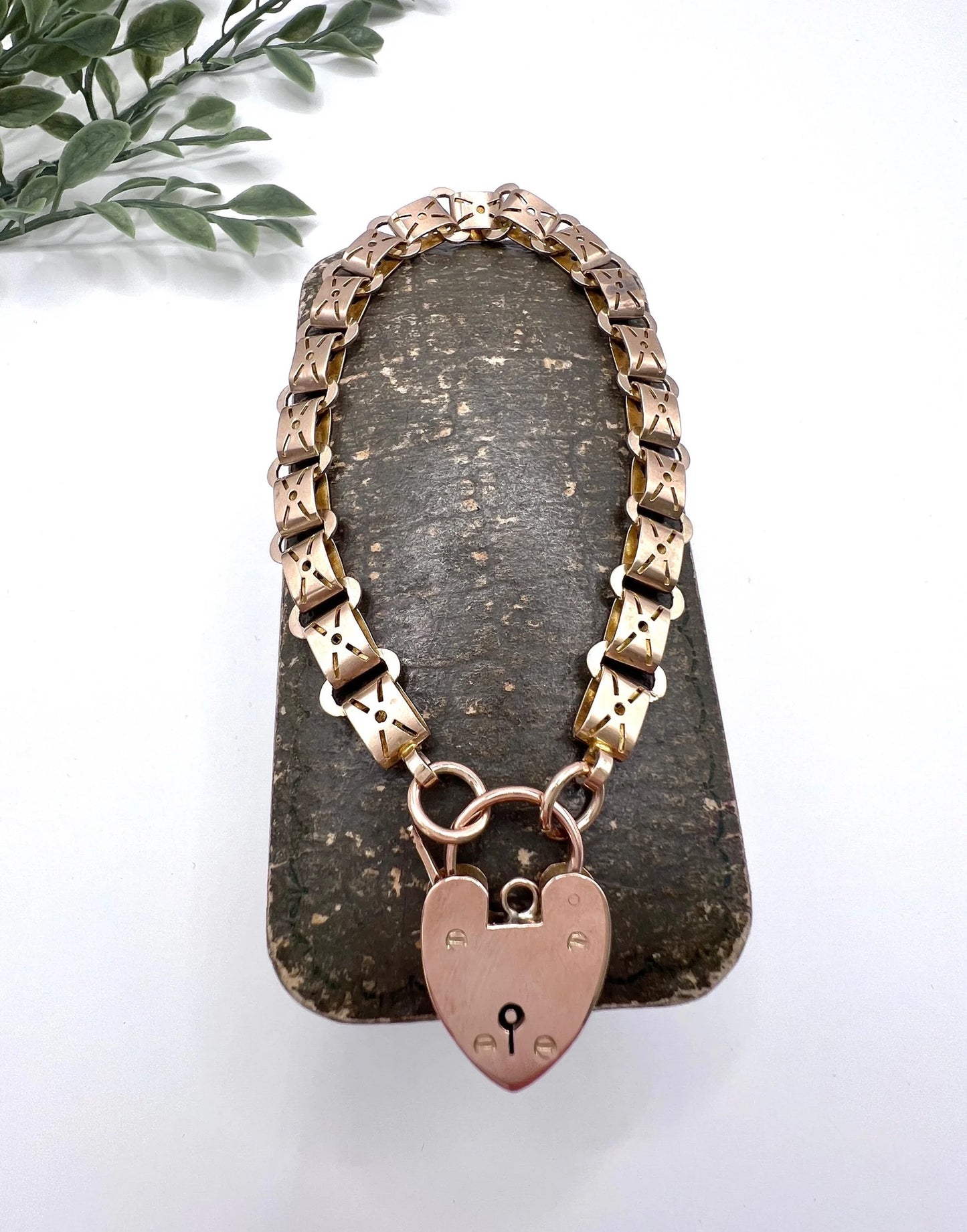 Antique 9 Carat Rose Gold Fancy Link Bracelet with Heart Shaped Padlock
