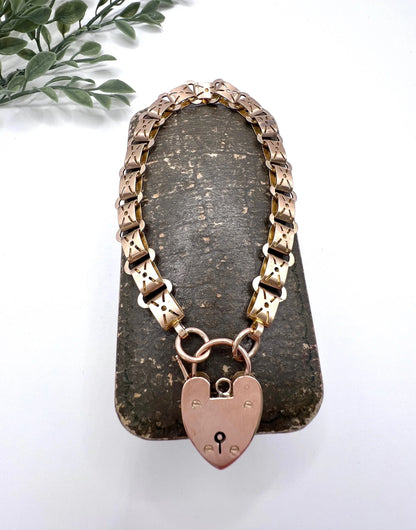 Antique 9 Carat Rose Gold Fancy Link Bracelet with Heart Shaped Padlock