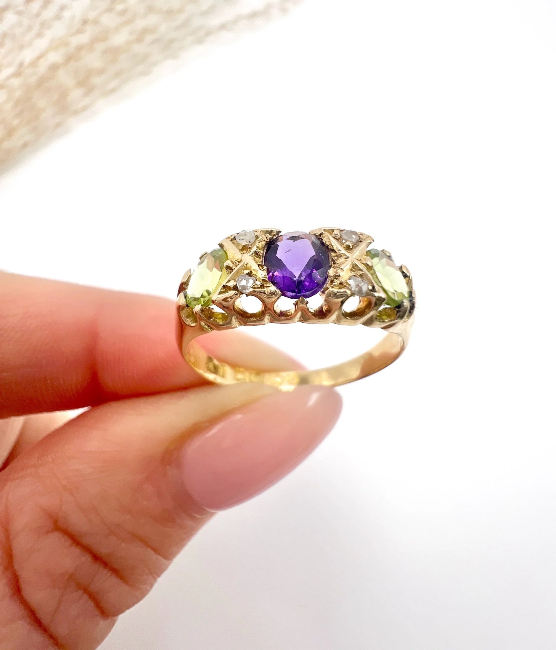 Antique 18 ct Yellow Gold, Amethyst, Diamond And Peridot Suffragette Ring