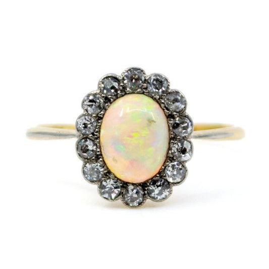Antique Victorian Opal and Old Mine Cut Diamond Cluster Ring