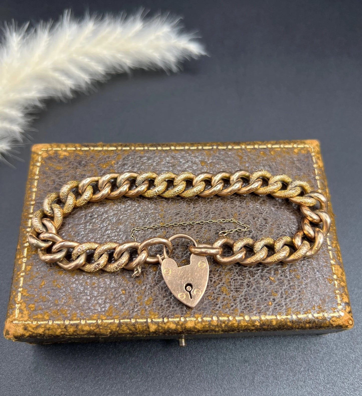 Antique 9 Carat Rose Gold Night and Day Floral Curb Bracelet with Heart Padlock