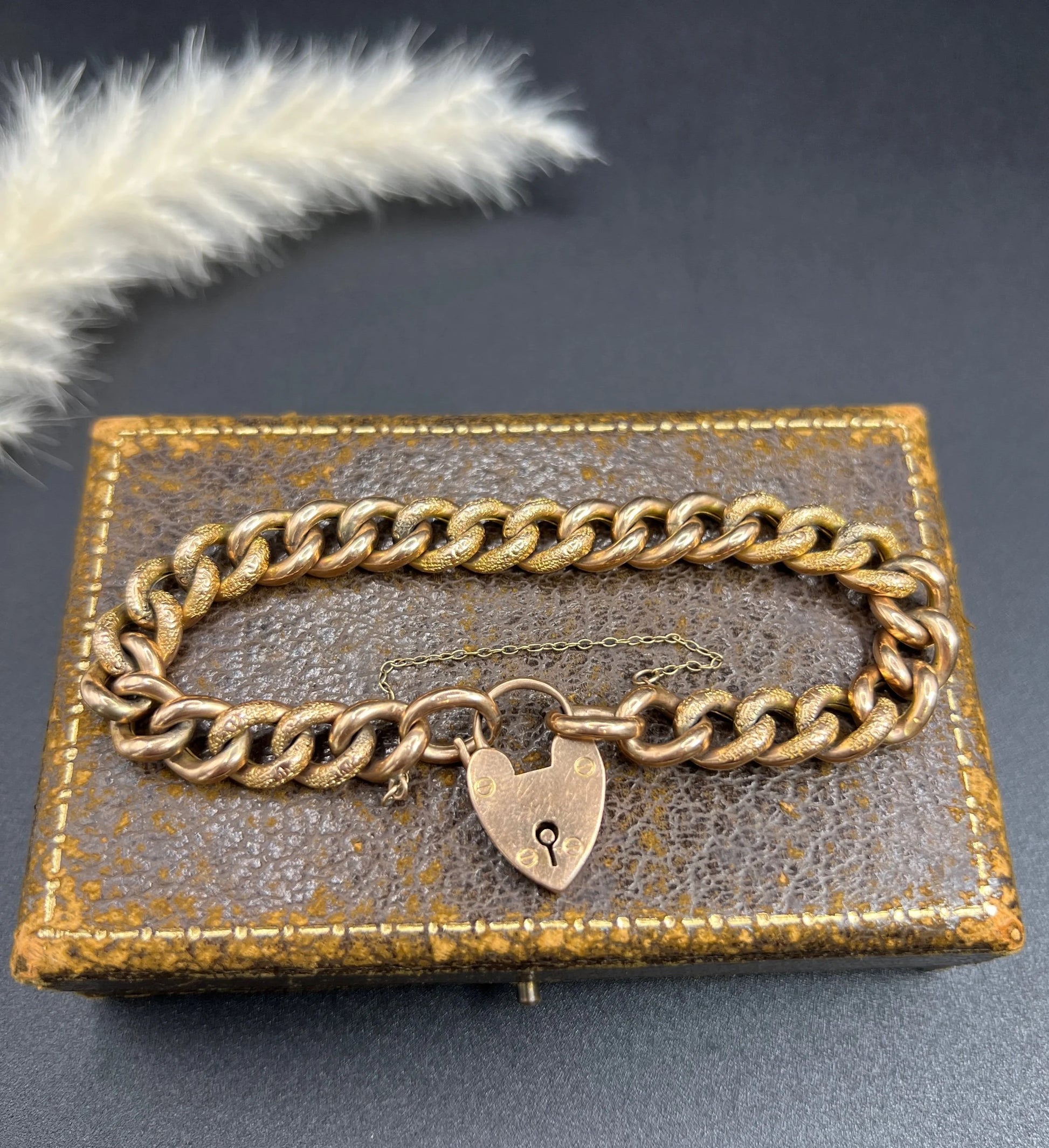 Antique 9 Carat Rose Gold Night and Day Floral Curb Bracelet with Heart Padlock