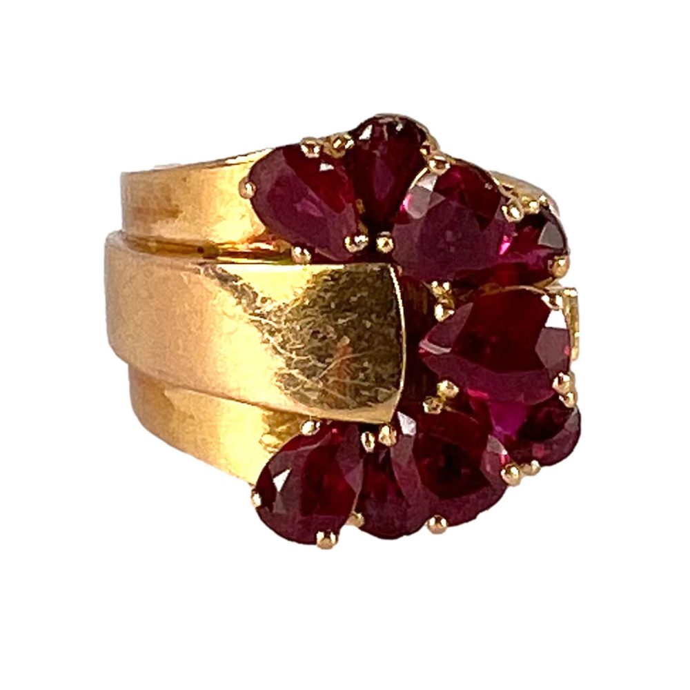 French Retro Ruby and Gold Buckle Ring