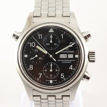 IWC Double Chronograph 42mm Stainless Steel Automatic Watch; black dial with Arabic numerals, weekday and date indicators at 3 hour mark and sapphire crystal. With double chronograph (split seconds/Rattrapante) function, on a stainless steel bracelet with steel fold-over clasp, with IWC box