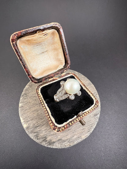 Antique 18ct White Gold, Edwardian Cultured Pearl & Old Cut Diamond Ring