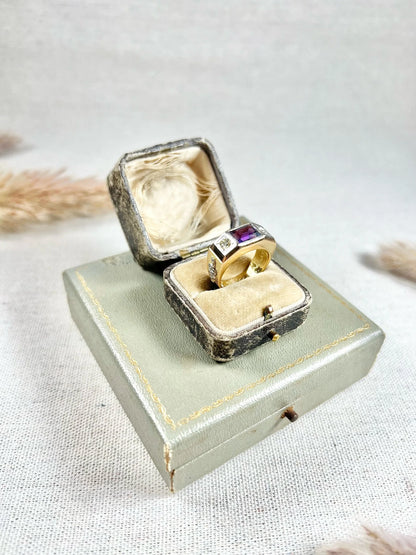 Vintage 18 Carat Gold Amethyst and Brilliant Cut Diamond Fraternity Ring, Circa 1950