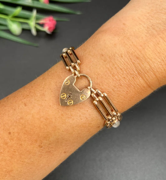 Antique 9 Carat Rose Gold Gate Bracelet With Moonstones
