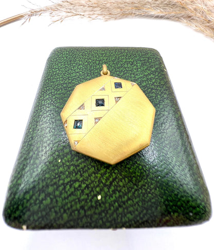 Vintage 15 Carat Yellow Gold Octagonal Shaped Sapphire and Diamond Locket, Circa 1930