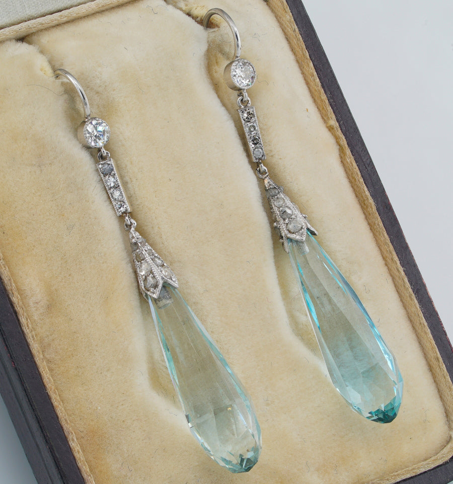 Art Deco 23cts Aquamarine and Old Cut Diamond Drop Earrings in Platinum
