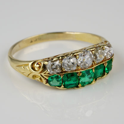 Antique Victorian Colombian Emerald and Old Mine Cut Diamond Double Row Five Stone Ring, Late 19th century, Circa 1870
