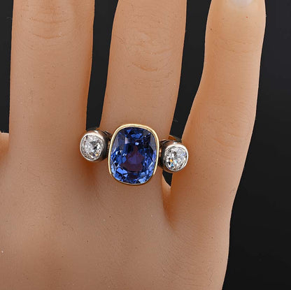 Victorian Antique 10ct No Heat Ceylon Sapphire and Diamond Trilogy Ring