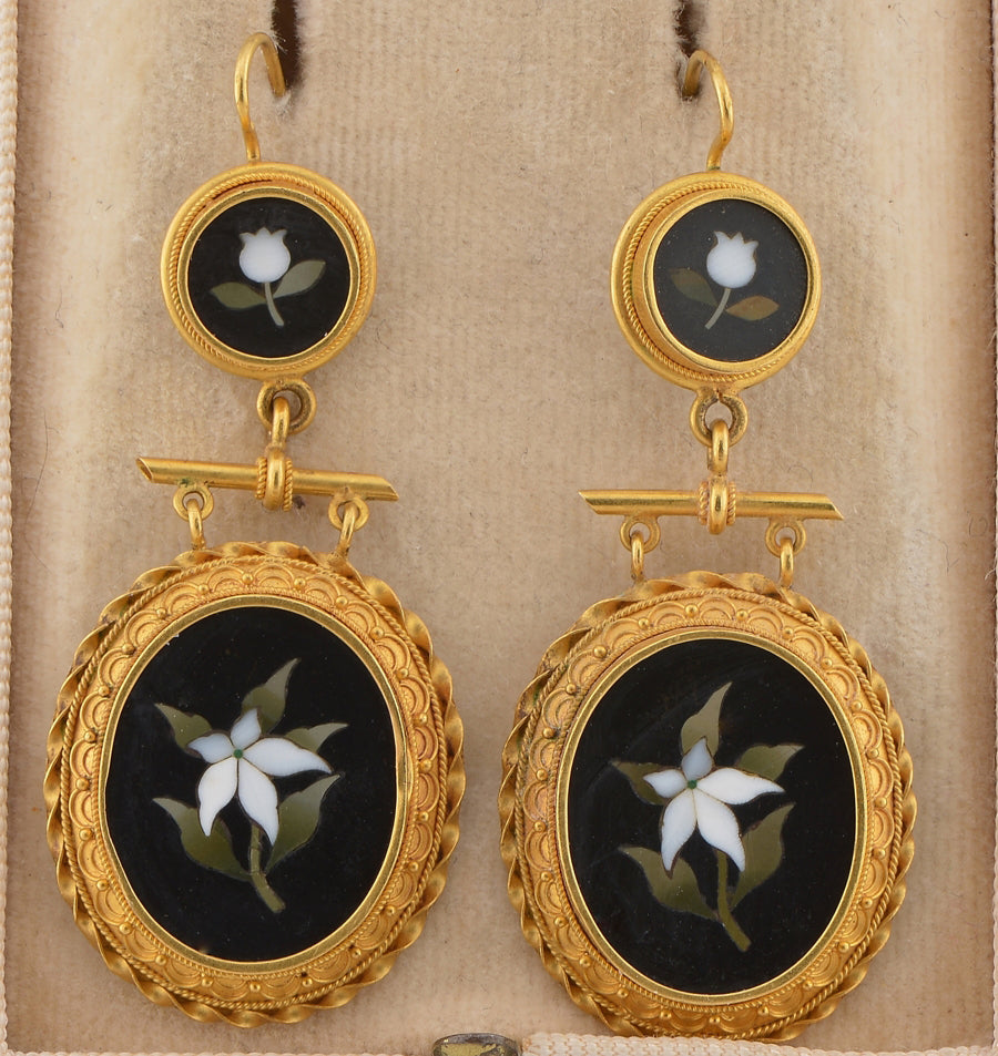 Victorian Antique Etruscan Revival Pietra Dura Pendant and Earring Suite