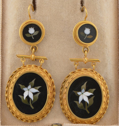 Victorian Antique Etruscan Revival Pietra Dura Pendant and Earring Suite