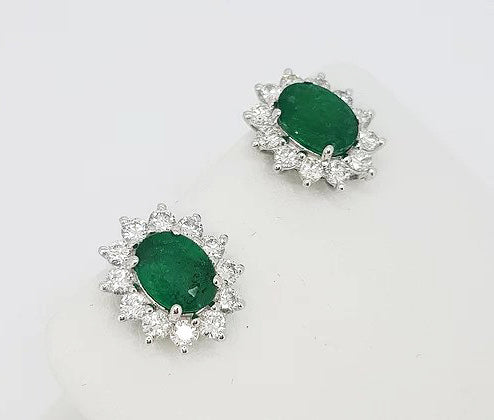 Emerald and Diamond Oval Cluster Earrings, 2.54 carats, 18ct Gold