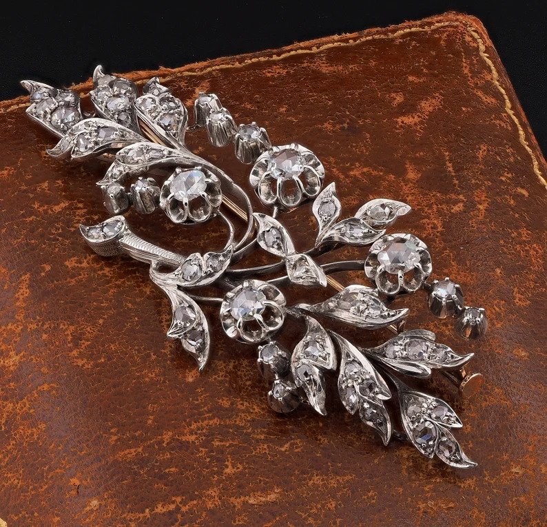 Antique Victorian 3.6ct Rose Cut Diamond Floral Spray Brooch