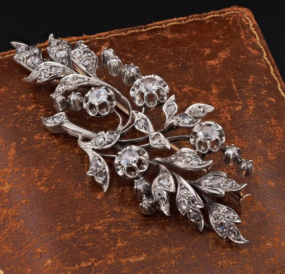 Antique Victorian 3.6ct Rose Cut Diamond Floral Spray Brooch