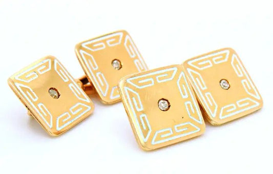 Art Deco Diamond White Enamel and Gold Cufflinks