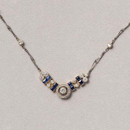 Art Deco 5.25ct Old Cut Diamond and Sapphire Pendant come Brooch