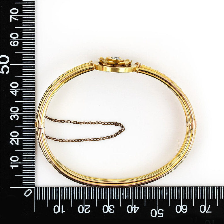 Antique Victorian Old Mine Cut Diamond Set 15ct Gold Etruscan Revival Beaded Bangle Bracelet