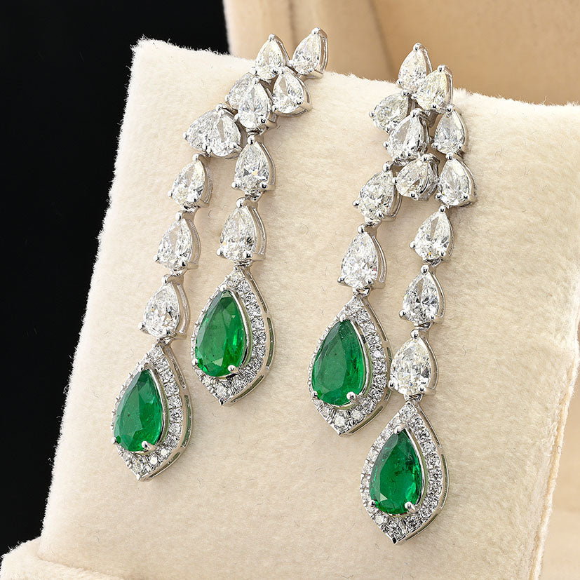 Pear Cut 2.92ct Emerald and 5ct Diamond Drop Earrings