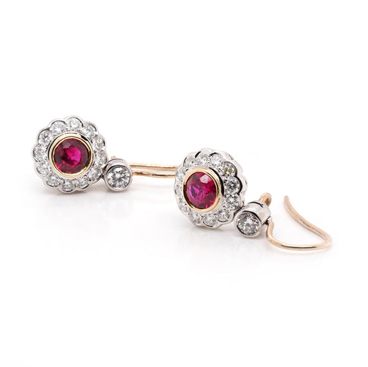 Ruby And Diamond Cluster Drop Earrings In 18 Carat Yellow Gold