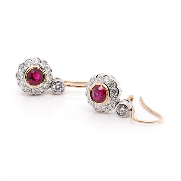 Ruby And Diamond Cluster Drop Earrings In 18 Carat Yellow Gold