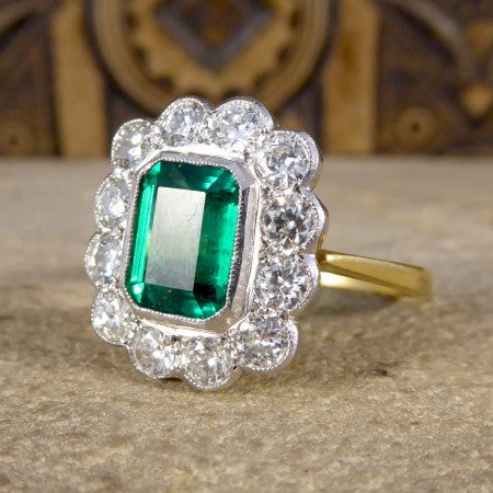 Emerald-Cut Emerald and Diamond Floral Cluster Ring, 2.75cts, 18ct Gold