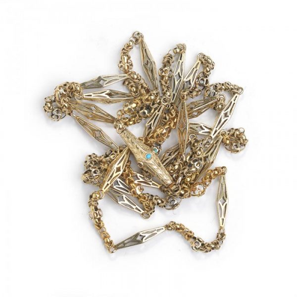 Antique Victorian Gold Fancy Link Long Chain Necklace, Circa 1875