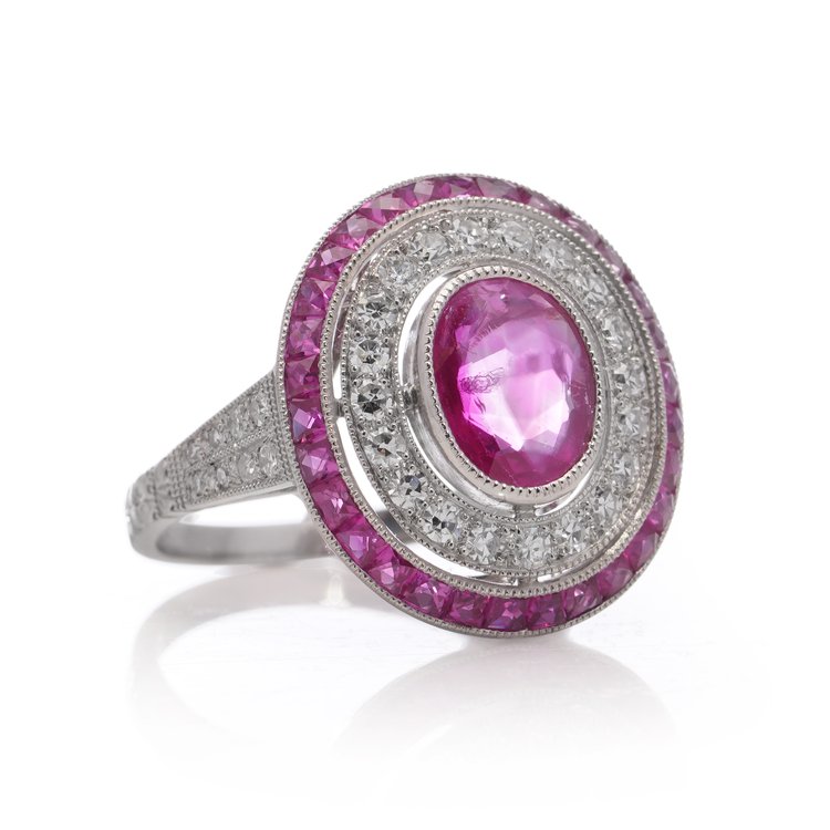 1.66ct Oval Ruby and Diamond Double Cluster Dress Ring in Platinum