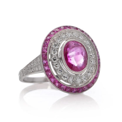 1.66ct Oval Ruby and Diamond Double Cluster Dress Ring in Platinum