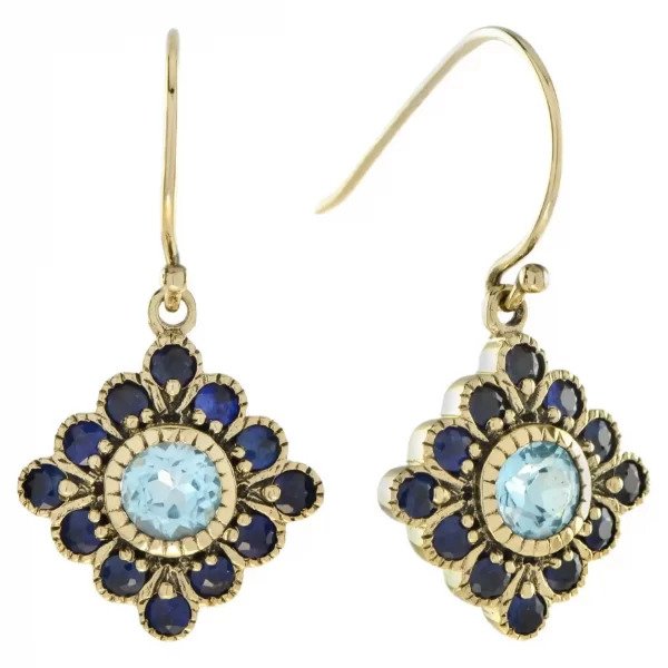 Blue Topaz and Sapphire Floral Cluster Drop Earrings