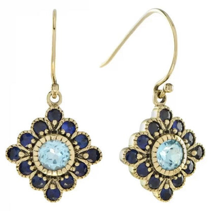Blue Topaz and Sapphire Floral Cluster Drop Earrings