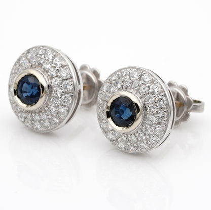 Vintage 1.10ct Natural Sapphire and 1.20ct Diamond Target Cluster Earrings in 18ct White Gold