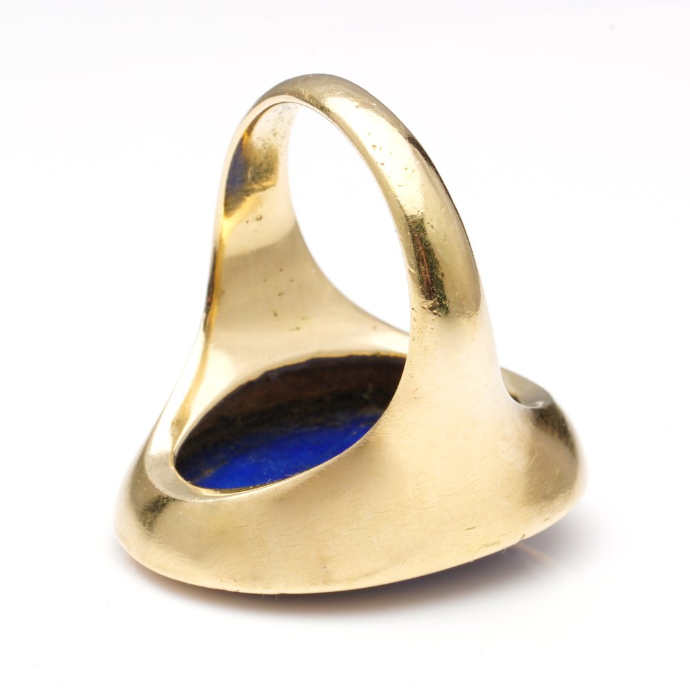 Antique Ancient Roman Emperor Lapis Lazuli and Gold Signet Ring; Second Century AD Roman Empire carved lapis lazuli depicting the iconic Hadrian Roman Emperor with later 18ct yellow gold shank