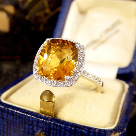 3.80ct Cushion Cut Citrine and Diamond Halo Cluster Engagement Ring