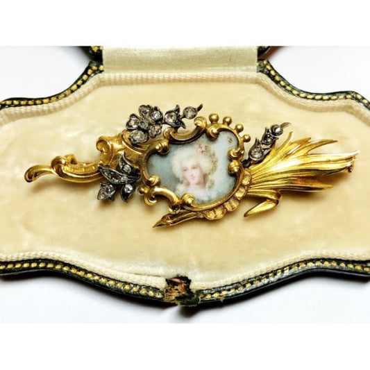 Antique French Diamond and Gold Portrait Brooch, Art Nouveau / Victorian, Circa 1890