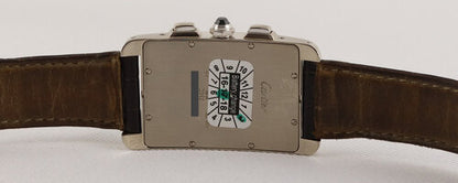 Cartier Tank Americaine Gents 18ct White Gold 2312 Chronograph, white dial, Roman numerals, sapphire crystal, Quartz movement, brown leather strap, with Cartier box
