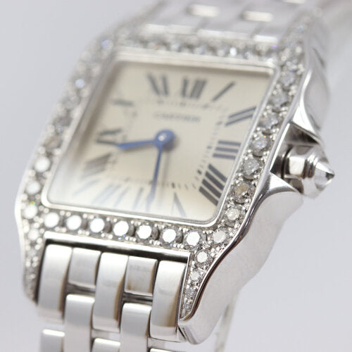 Cartier Ladies Santos Demoiselle Diamond 18ct White Gold, factory set diamond bezel, off-white/silver dial, Roman numerals, blue steel hands, sapphire crystal, movement, 18ct white gold bracelet with a double-fold hidden 18ct white gold clasp, with Cartier Box and Cartier service papers dated 2018